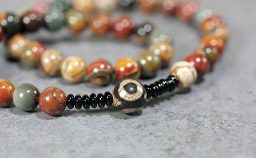 Bracelet Bohème Agate Fleur, Onyx Noir et Perle Dzi à Trois Yeux – 8 mm Fait Main