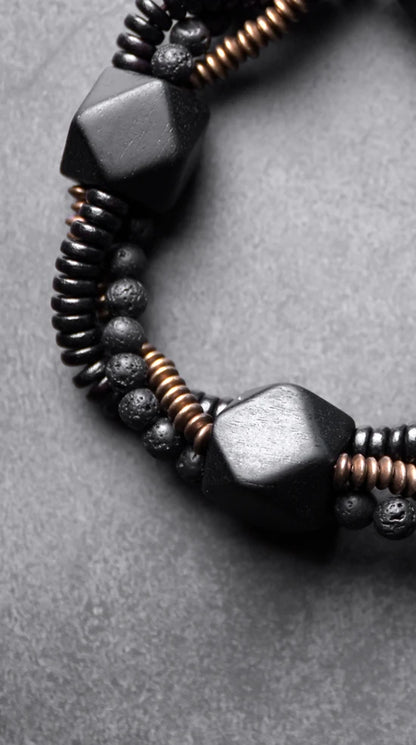 Bracelet Homme Double Rang Ébène et Pierre de Lave – Laiton Vintage Style Rock