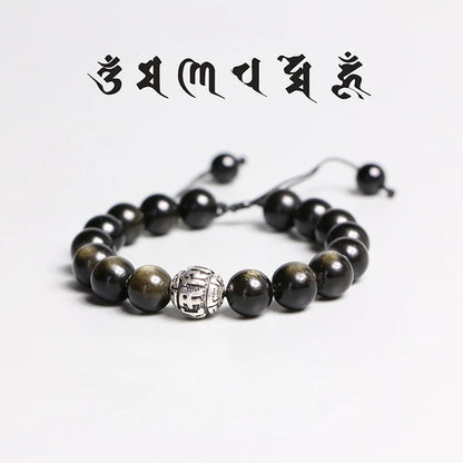 Bracelet Obsidienne Dorée et Breloque Tibétaine OM – Ajustable, pour Homme