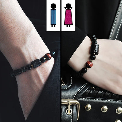 Bracelet Oeil de Tigre et Obsidienne Arc-en-Ciel avec Perle d'Ébène Sculptée – Couple