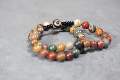 Bracelet Bohème Agate Fleur, Onyx Noir et Perle Dzi à Trois Yeux – 8 mm Fait Main