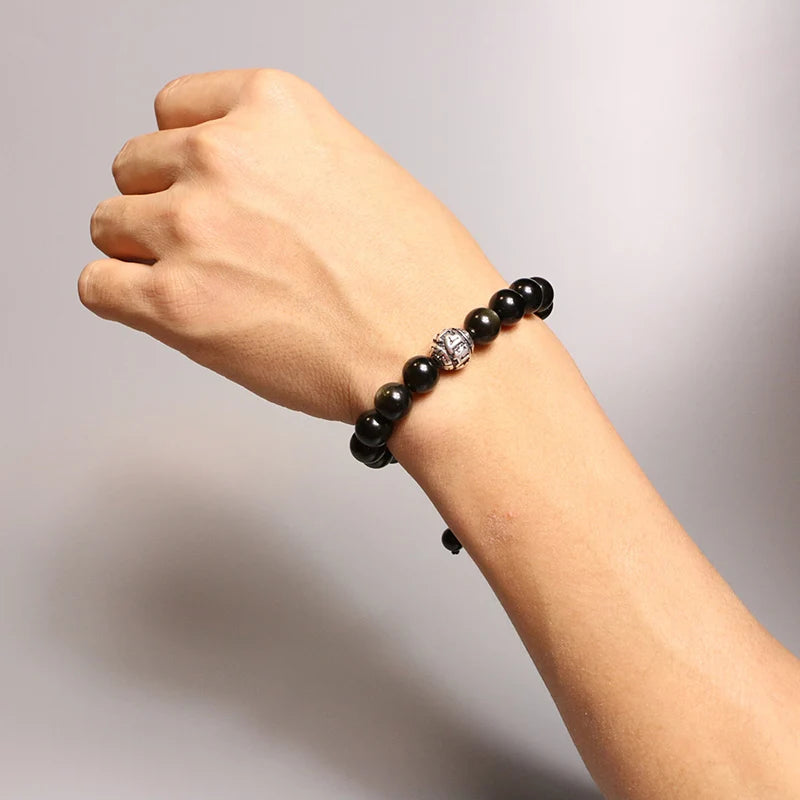 Bracelet Obsidienne Dorée et Breloque Tibétaine OM – Ajustable, pour Homme
