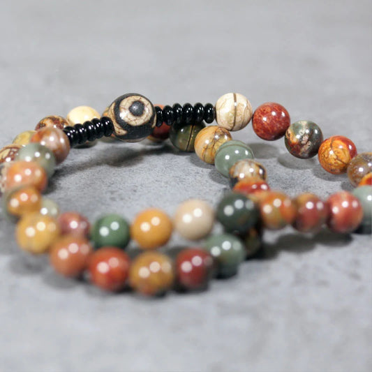 Bracelet Bohème Agate Fleur, Onyx Noir et Perle Dzi à Trois Yeux – 8 mm Fait Main
