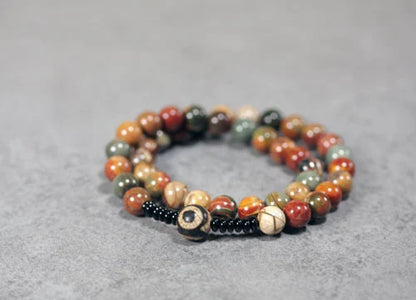 Bracelet Bohème Agate Fleur, Onyx Noir et Perle Dzi à Trois Yeux – 8 mm Fait Main