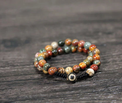Bracelet Bohème Agate Fleur, Onyx Noir et Perle Dzi à Trois Yeux – 8 mm Fait Main