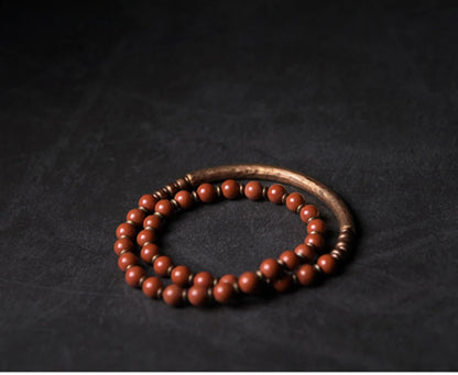 Bracelet Rétro Pierre Rouge ou Verte et Perles de Cuivre – Inspiration Afrique, Fait Main