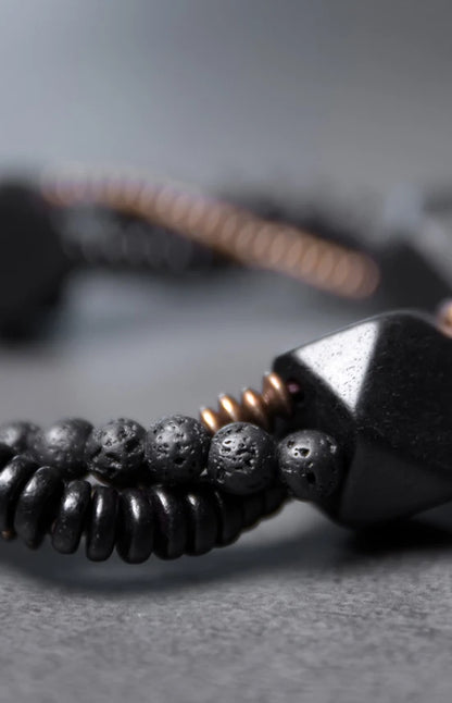 Bracelet Homme Double Rang Ébène et Pierre de Lave – Laiton Vintage Style Rock