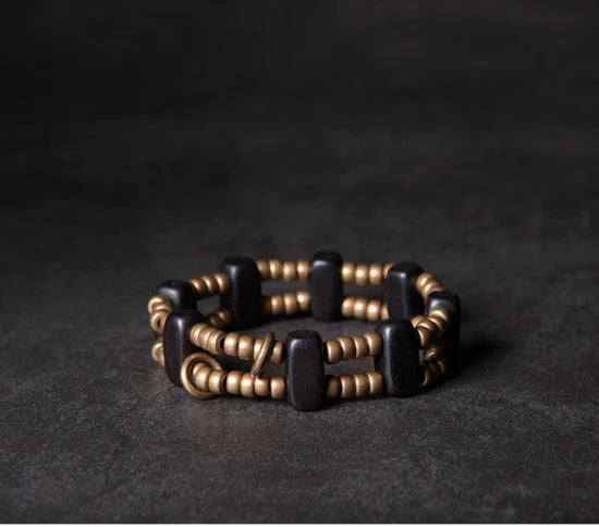 Bracelet Multirang Perles de Laiton et Bois d'Ébène – Géométrique, Homme et Femme
