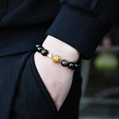 Bracelet Couple Oeil de Tigre et Obsidienne Dorée – Duo Homme et Femme