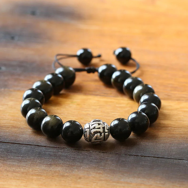 Bracelet Obsidienne Dorée et Breloque Tibétaine OM – Ajustable, pour Homme
