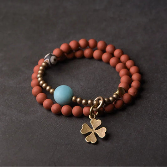 Bracelet Jade Jaune ou Jaspe Rouge avec Breloque Trèfle – Porte-Bonheur pour Femme