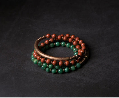 Bracelet Rétro Pierre Rouge ou Verte et Perles de Cuivre – Inspiration Afrique, Fait Main