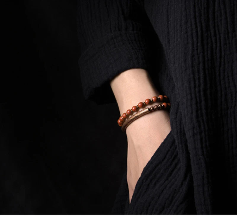 Bracelet Rétro Pierre Rouge ou Verte et Perles de Cuivre – Inspiration Afrique, Fait Main