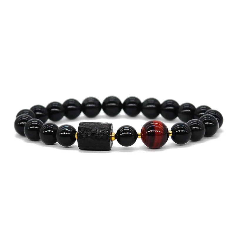 Bracelet Oeil de Tigre et Obsidienne Arc-en-Ciel avec Perle d'Ébène Sculptée – Couple