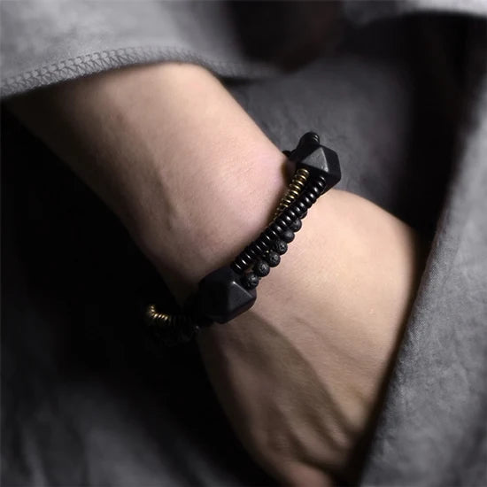 Bracelet Homme Double Rang Ébène et Pierre de Lave – Laiton Vintage Style Rock