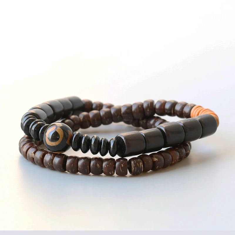 Bracelet Double Rang Bois de Santal Noir et Onyx – Méditation Bouddhiste