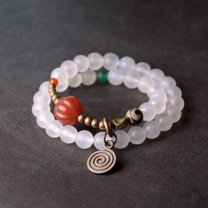 Bracelet Agate Mate Blanche ou Grise et Perle Œil de Bouddha – Zen Tibétain