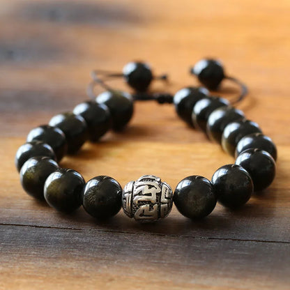 Bracelet Obsidienne Dorée et Breloque Tibétaine OM – Ajustable, pour Homme