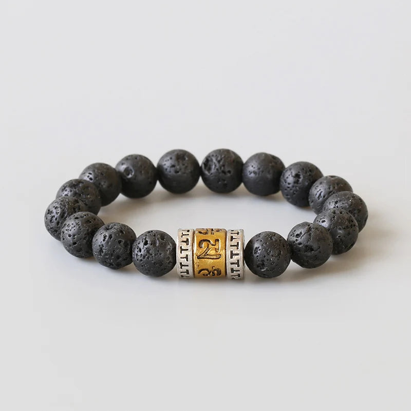 Bracelet Pierre de Lave 10 mm et Breloque Mantra Om Mani Padme Hum – Pour Homme