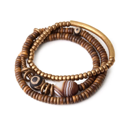 Bracelet Multirang Bois de Vera et Sardonyx – Perles Tibétaines en Cuivre Vieilli