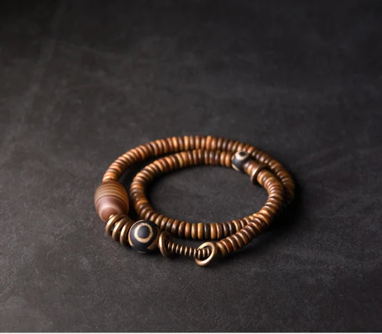 Bracelet Multirang Bois de Vera et Sardonyx – Perles Tibétaines en Cuivre Vieilli
