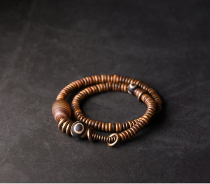 Bracelet Multirang Bois de Vera et Sardonyx – Perles Tibétaines en Cuivre Vieilli