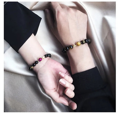 Bracelet Couple Oeil de Tigre et Obsidienne Dorée – Duo Homme et Femme