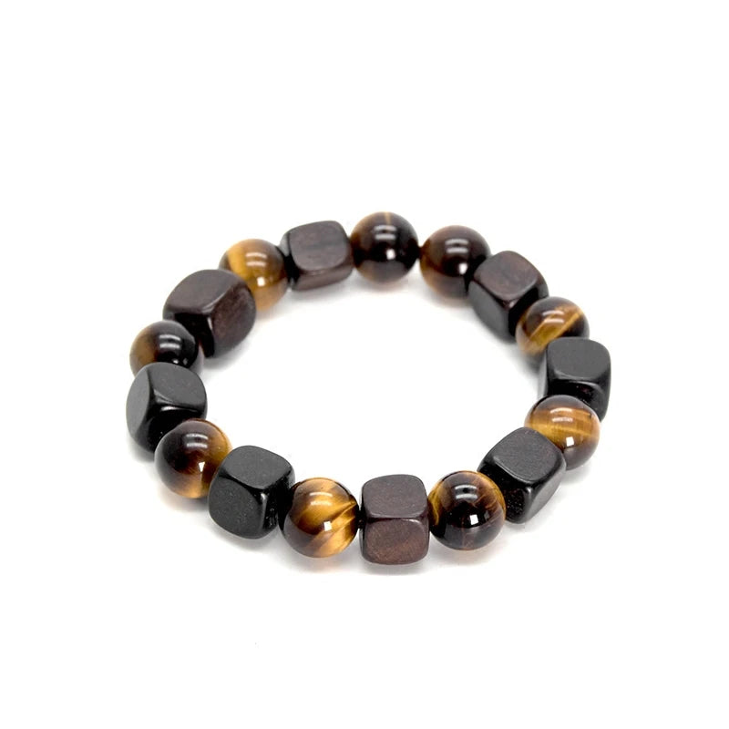Bracelet Rétro Oeil de Tigre 10 mm et Perles d'Ébène – Doré ou Rouge, Homme et Femme