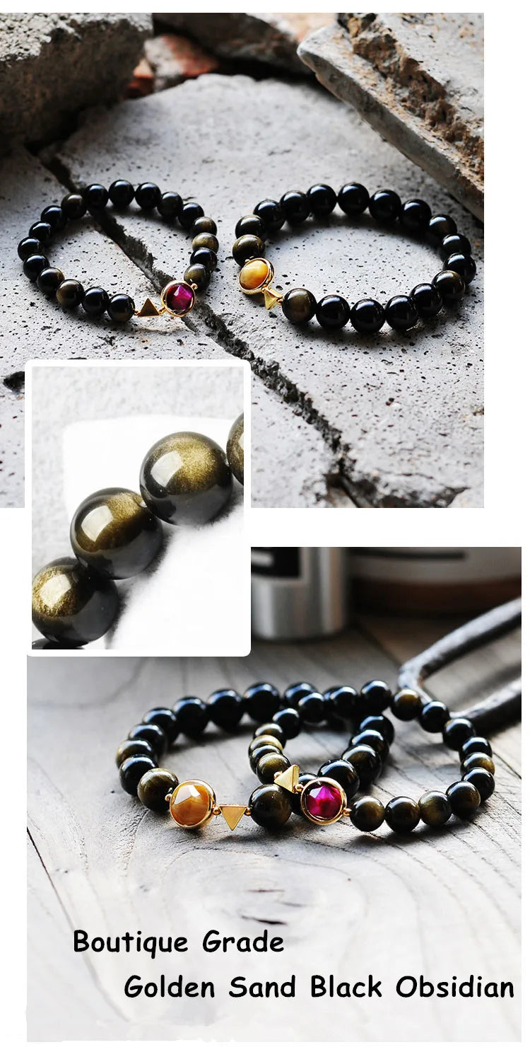 Bracelet Couple Oeil de Tigre et Obsidienne Dorée – Duo Homme et Femme