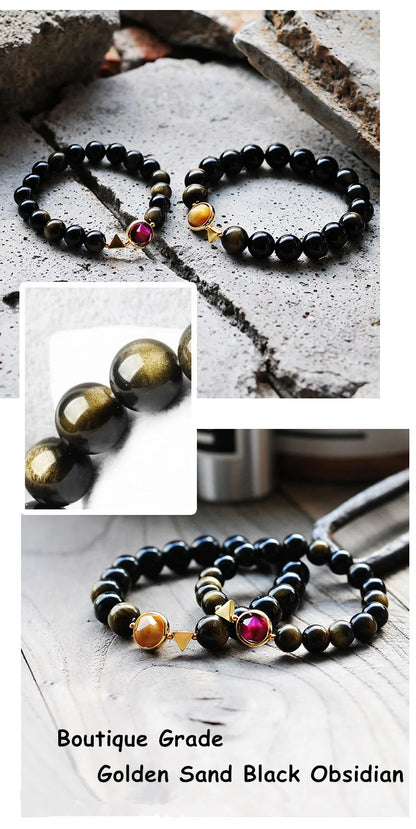 Bracelet Couple Oeil de Tigre et Obsidienne Dorée – Duo Homme et Femme