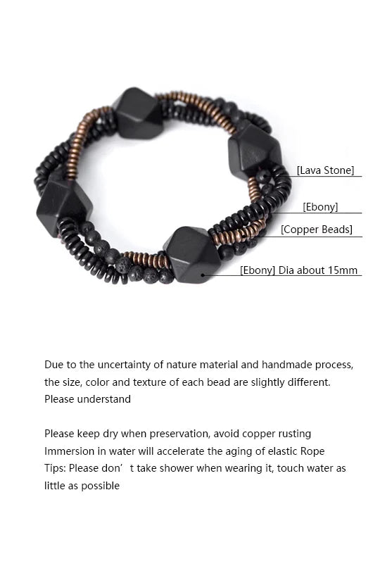 Bracelet Homme Double Rang Ébène et Pierre de Lave – Laiton Vintage Style Rock