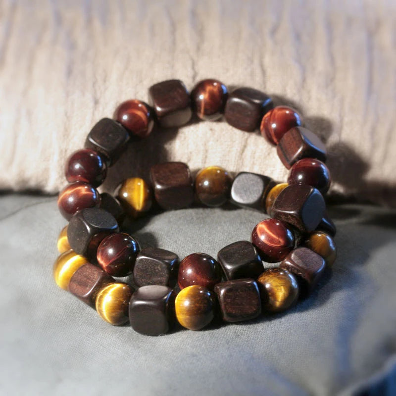 Bracelet Rétro Oeil de Tigre 10 mm et Perles d'Ébène – Doré ou Rouge, Homme et Femme