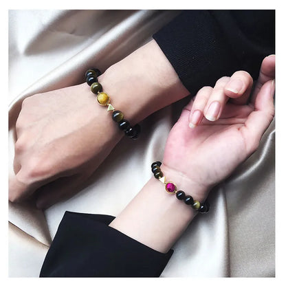 Bracelet Couple Oeil de Tigre et Obsidienne Dorée – Duo Homme et Femme
