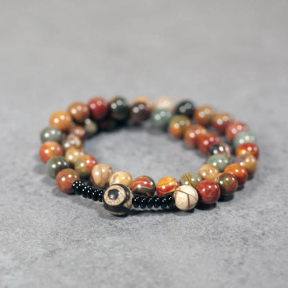 Bracelet Bohème Agate Fleur, Onyx Noir et Perle Dzi à Trois Yeux – 8 mm Fait Main