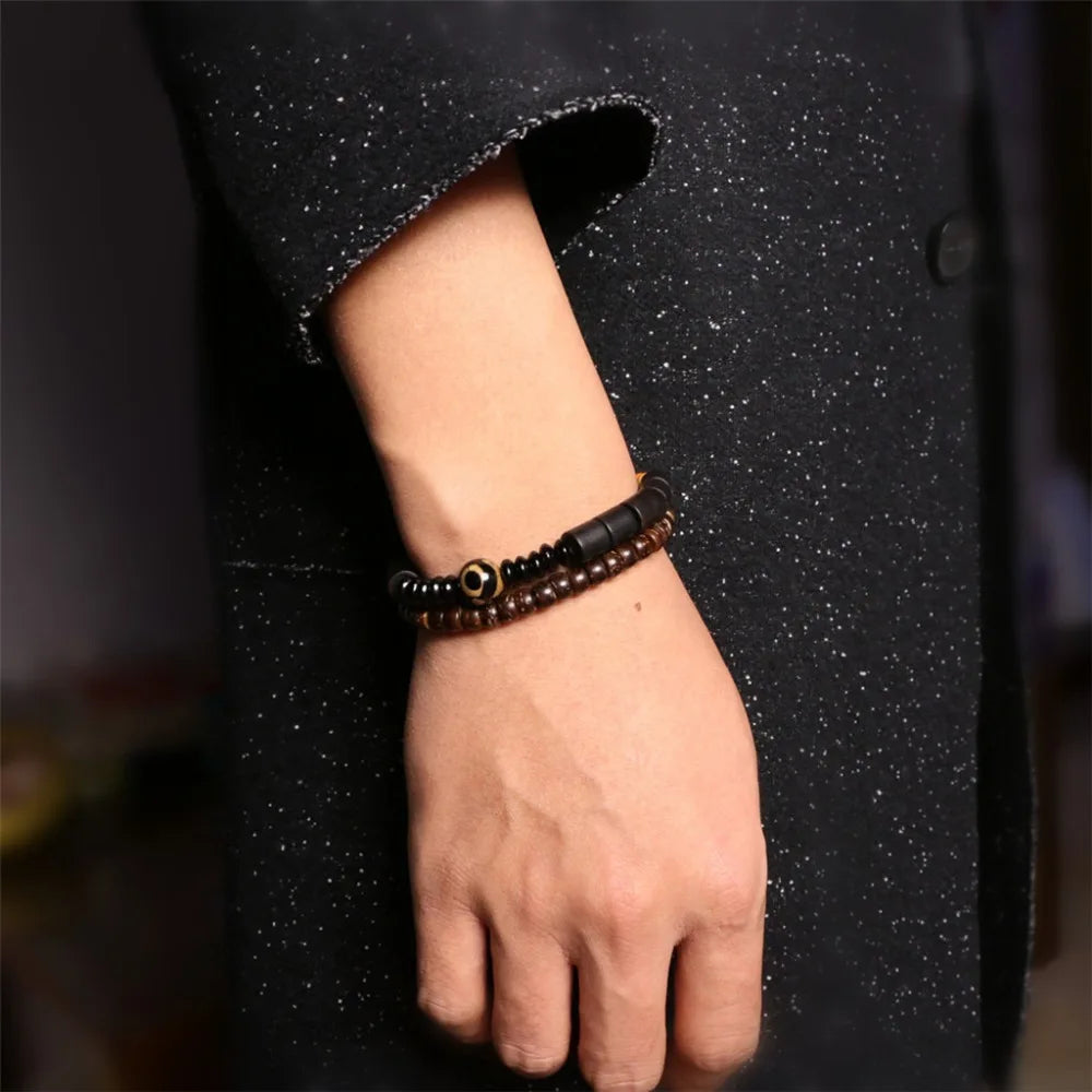 Bracelet Double Rang Bois de Santal Noir et Onyx – Méditation Bouddhiste