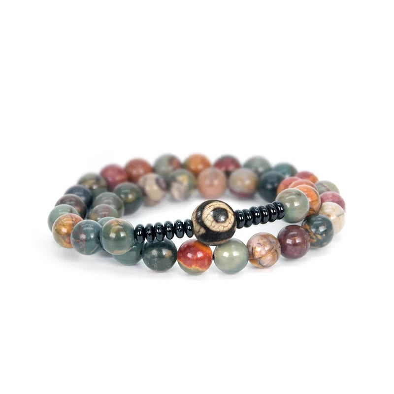 Bracelet Bohème Agate Fleur, Onyx Noir et Perle Dzi à Trois Yeux – 8 mm Fait Main