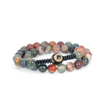 Bracelet Bohème Agate Fleur, Onyx Noir et Perle Dzi à Trois Yeux – 8 mm Fait Main