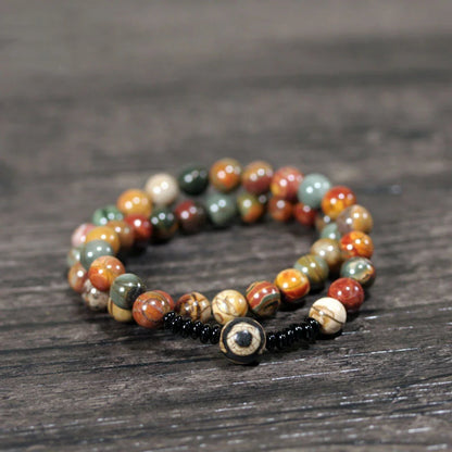 Bracelet Bohème Agate Fleur, Onyx Noir et Perle Dzi à Trois Yeux – 8 mm Fait Main