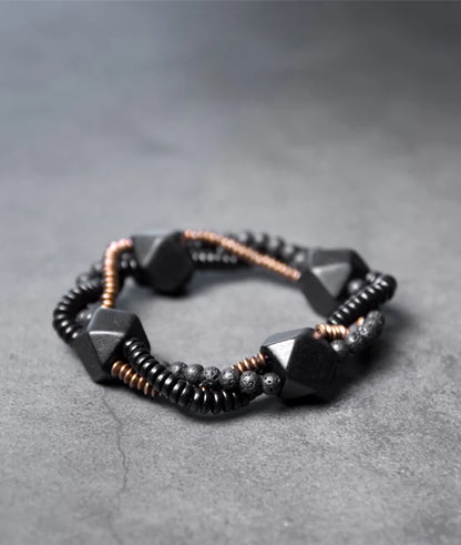 Bracelet Homme Double Rang Ébène et Pierre de Lave – Laiton Vintage Style Rock