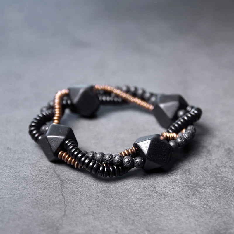 Bracelet Homme Double Rang Ébène et Pierre de Lave – Laiton Vintage Style Rock