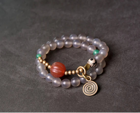 Bracelet Agate Mate Blanche ou Grise et Perle Œil de Bouddha – Zen Tibétain