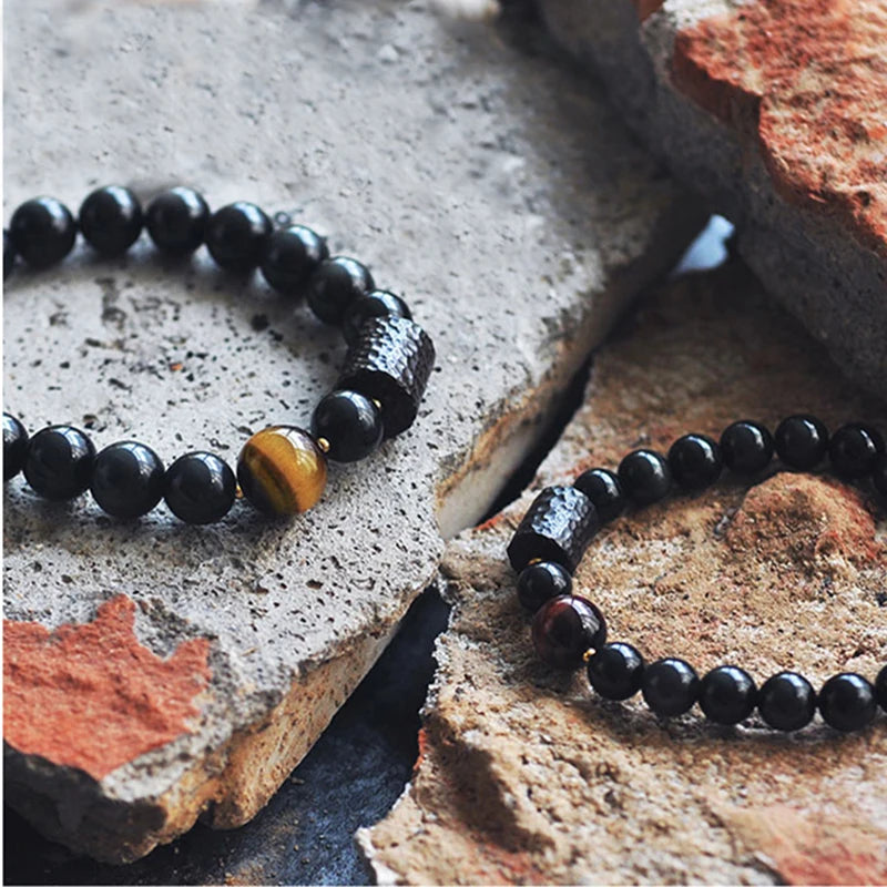 Bracelet Oeil de Tigre et Obsidienne Arc-en-Ciel avec Perle d'Ébène Sculptée – Couple