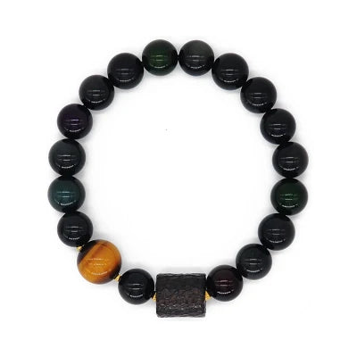 Bracelet Oeil de Tigre et Obsidienne Arc-en-Ciel avec Perle d'Ébène Sculptée – Couple