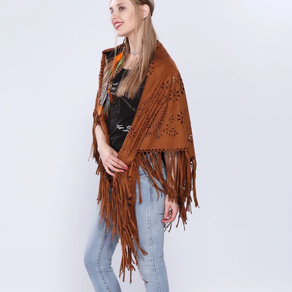 Poncho en Velours avec Franges - Élégance Bohème Chic