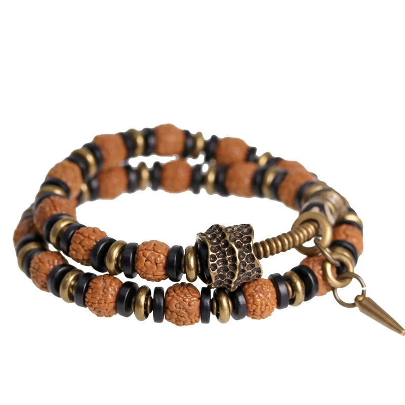 Bracelet Multirang Rudraksha, Ébène et Laiton – Porte-Bonheur Unisexe