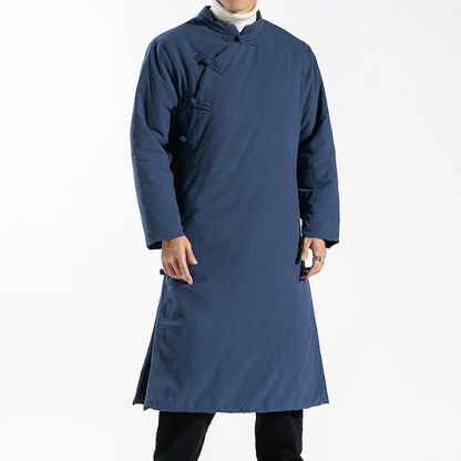 Manteau Long Style Chinois Bleu Homme - Hanfu Jacket Hiver Asymétrique