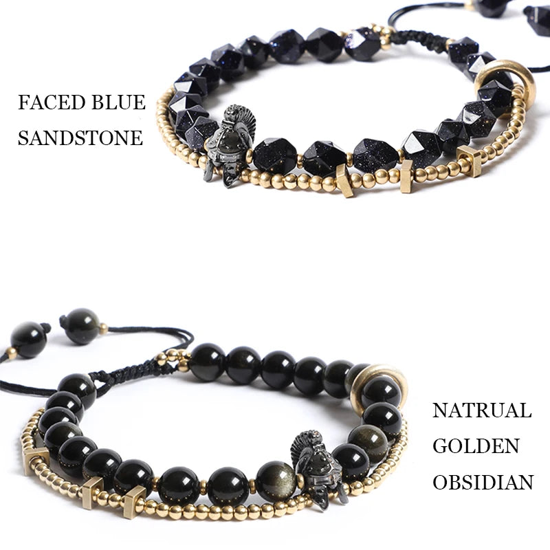 Bracelet Tressé Homme Obsidienne Dorée ou Goldstone Bleue – Style Viking Ajustable