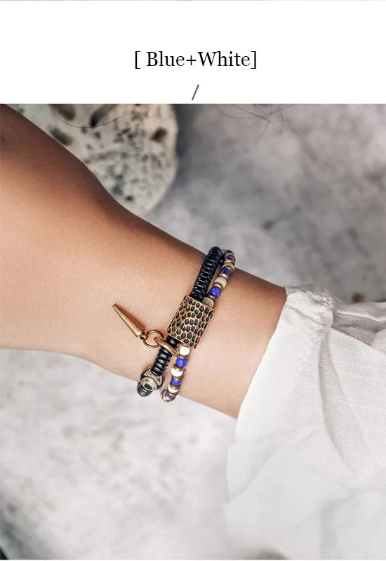 Bracelet Zen Double Rang Ébène et Pierres Colorées – Vajra en Laiton Martelé