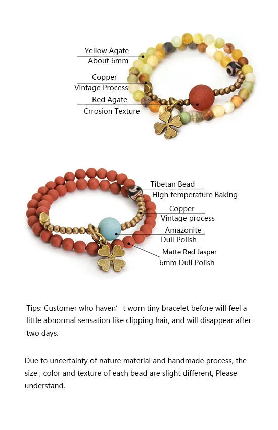 Bracelet Jade Jaune ou Jaspe Rouge avec Breloque Trèfle – Porte-Bonheur pour Femme