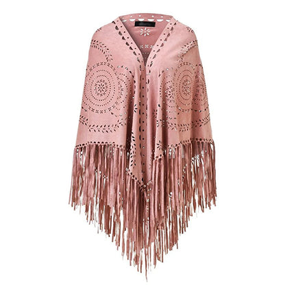 Poncho en Velours avec Franges - Élégance Bohème Chic